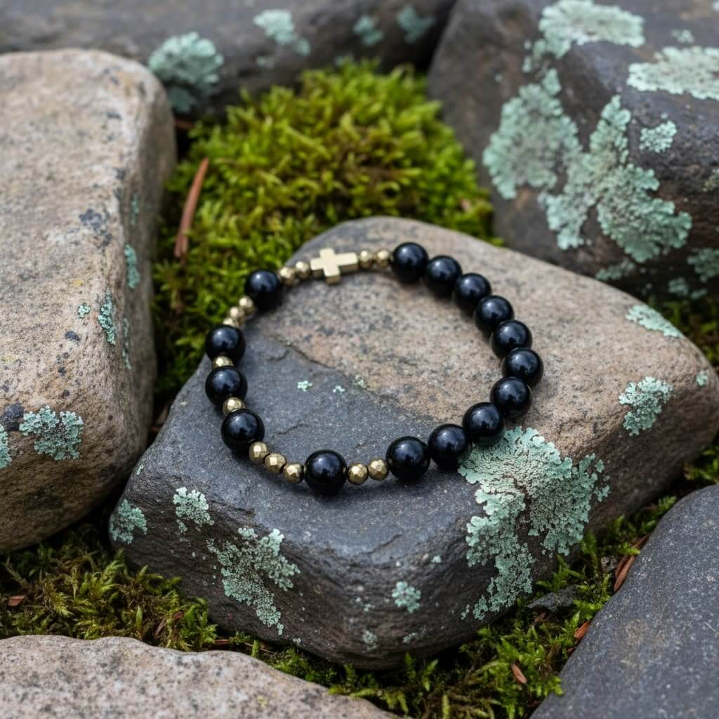 Onyx-Rosenkranz-Armband • Goldfarbener Hämatit