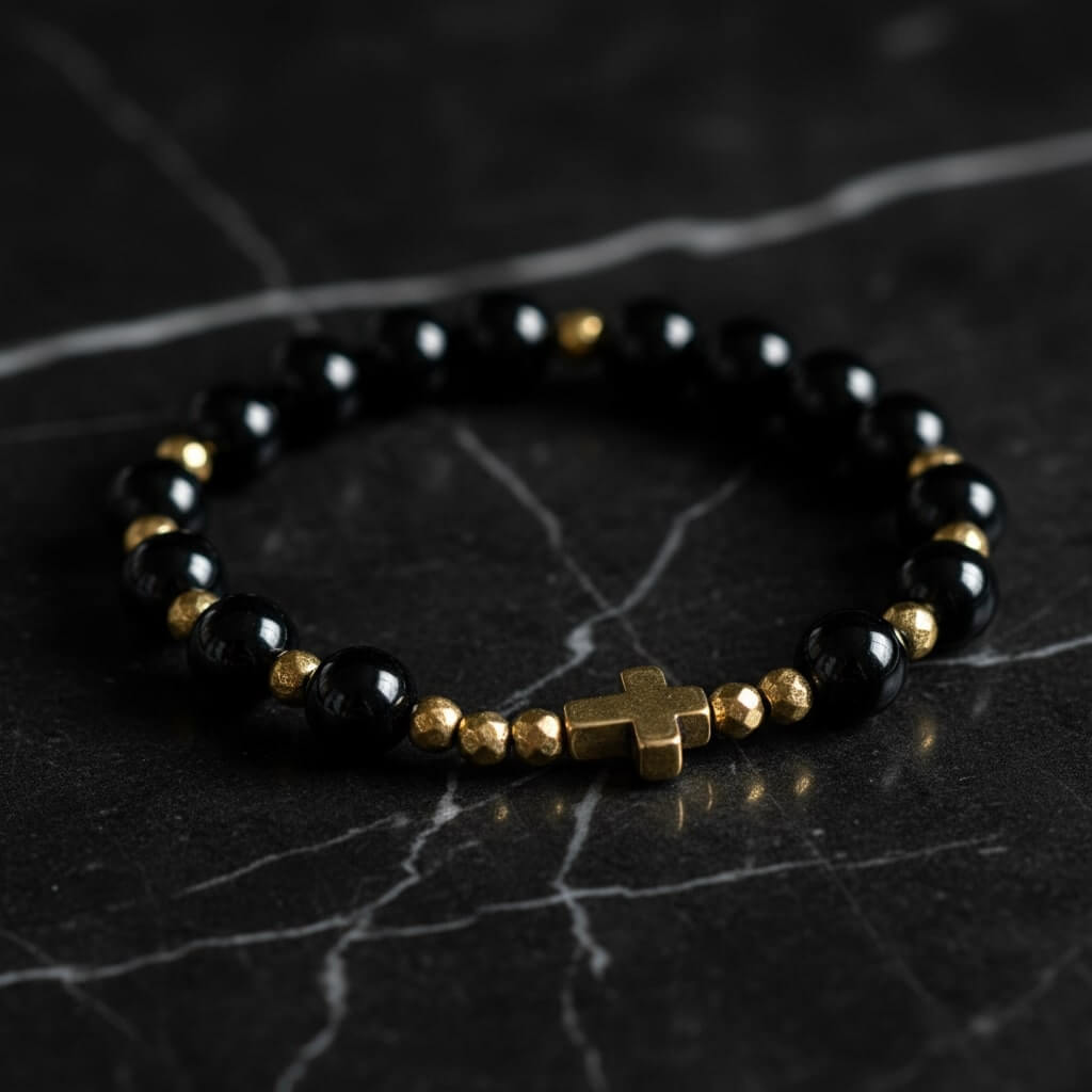 Onyx-Rosenkranz-Armband • Goldfarbener Hämatit – Bild 3